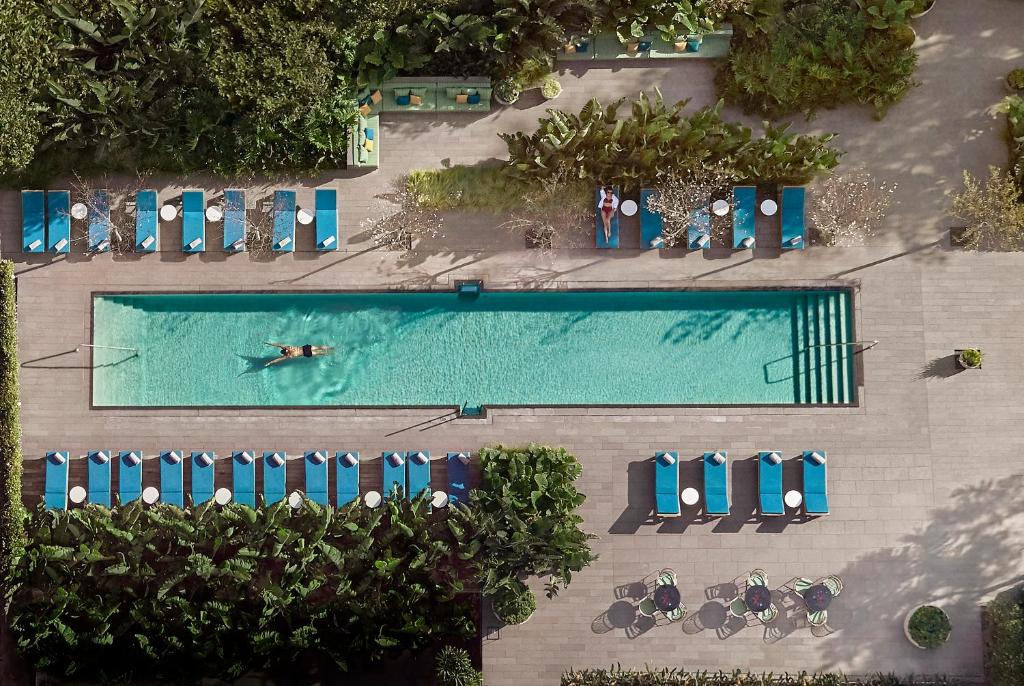 巴塞罗那Grand Hyatt Barcelona的游泳池的顶部景色,有人游泳