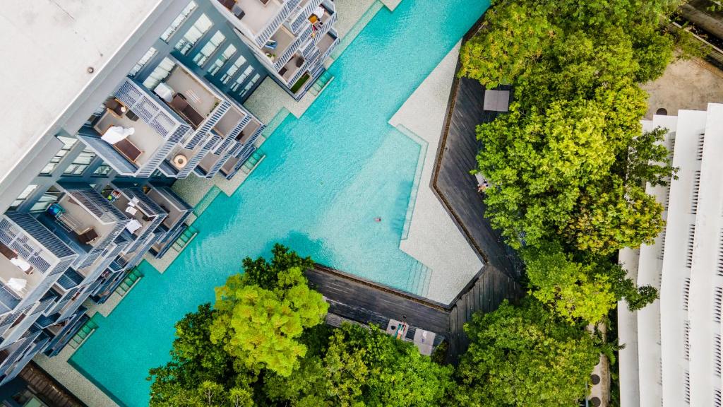 芭东海滩the deck 芭东露台现代公寓 带健身房和游泳池的享有河流的空中景色,河流上有许多建筑和树木