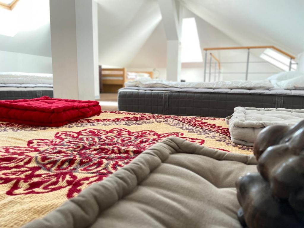 杰泰尼采Vila Dětenice的一间设有两张床的客房,地板上铺有地毯。