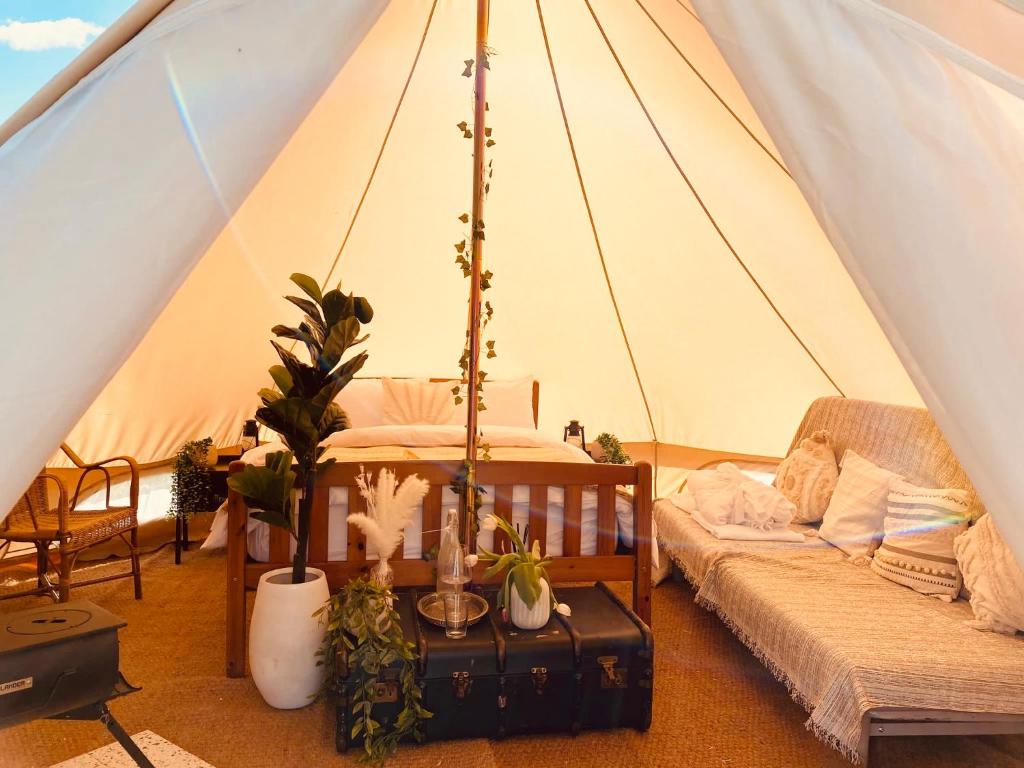 剑桥Fen meadows glamping - Luxury cabins and Bell tents的一个带一张沙发和一张桌子的帐篷的房间