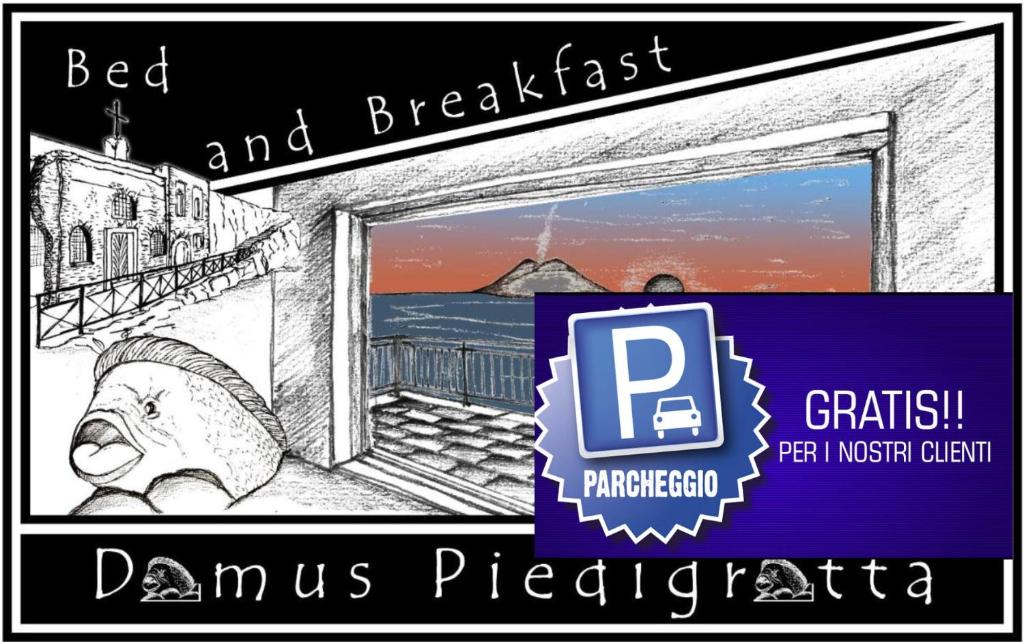 皮佐B&B Domus Piedigrotta的一张窗户的照片,上面写着“住宿加早餐”和“面包车”