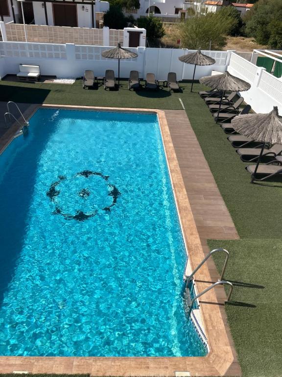 圣何塞阿罗哈旅馆的一个带椅子和遮阳伞的蓝色游泳池
