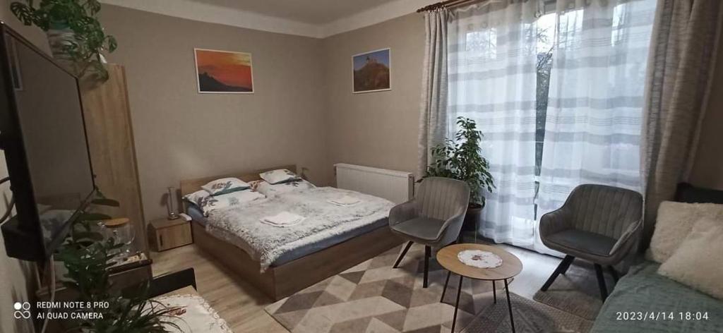 绍尔戈陶尔扬Karancs Apartman Salgótarján的一间卧室配有一张床、两把椅子和一张沙发