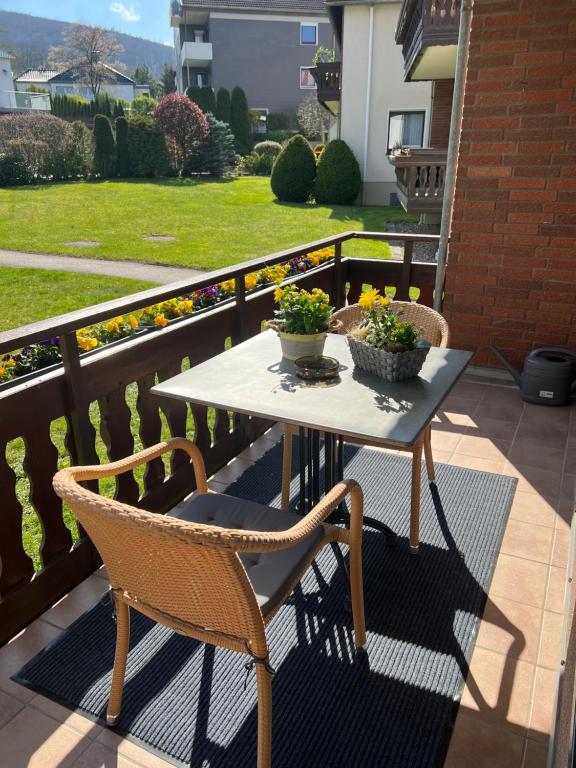 巴特哈尔茨堡Viktoria‘s Ferienwohnung的鲜花阳台的桌椅