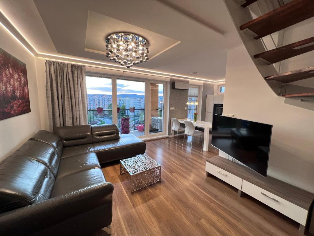 科希策Monte Amnis Kosice Apartment的客厅配有真皮沙发和平面电视