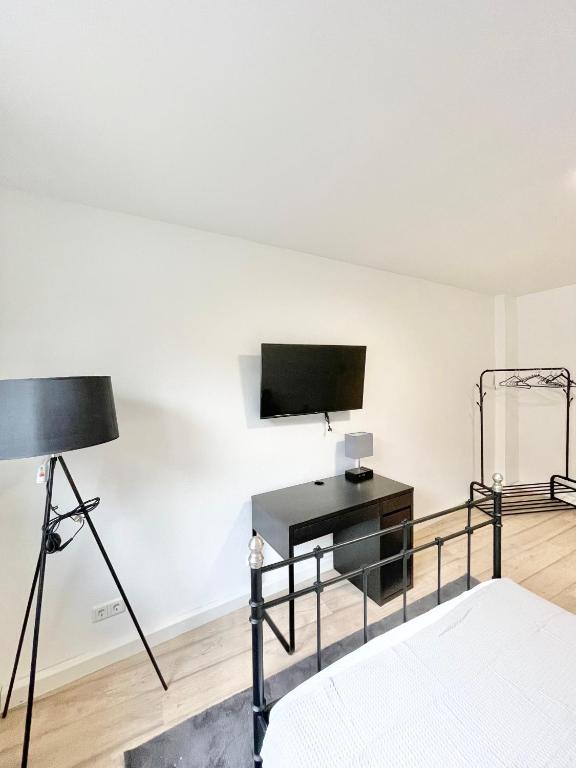 威斯巴登City Loft in Toplage Mainz-Kastel的卧室配有一张床,墙上配有电视。
