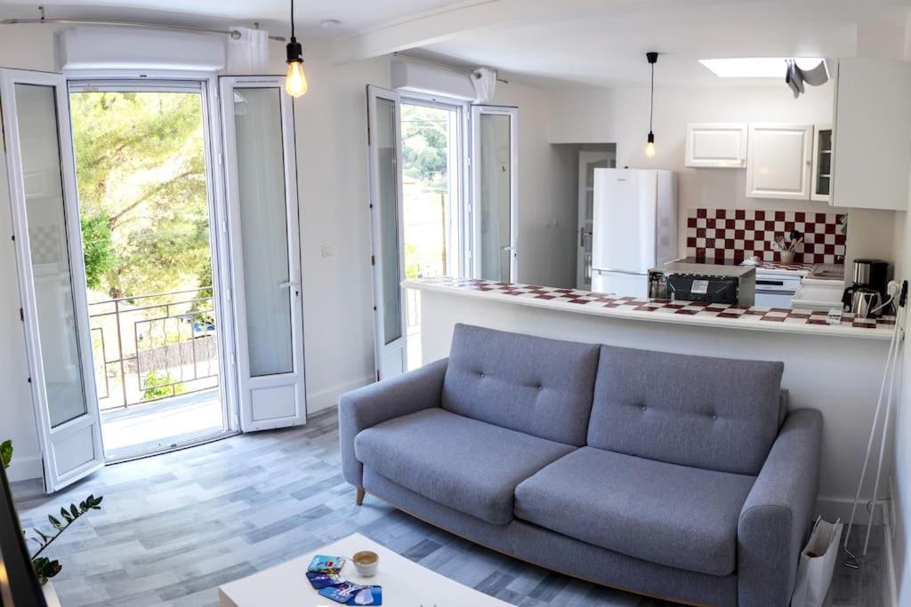 土伦Logement Le Serein的带沙发的客厅和厨房