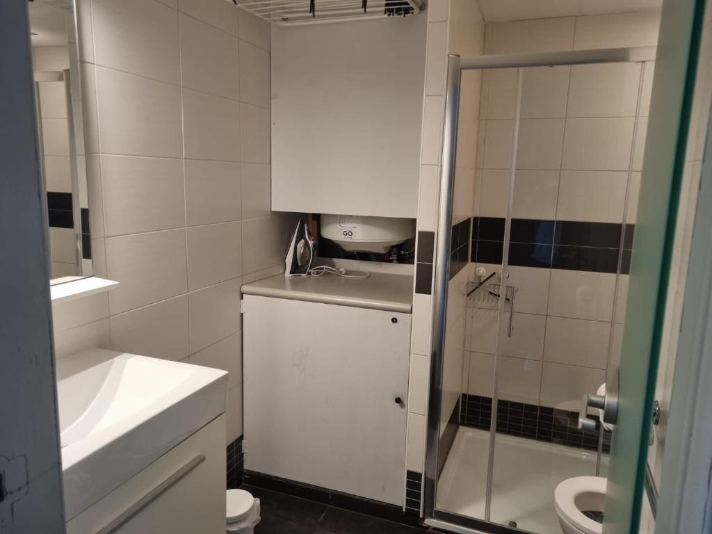 布列登Duin 225 Appartement的带淋浴、盥洗盆和卫生间的浴室