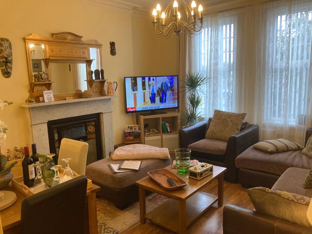 贝尔法斯特Mountroyal Victorian Self Catering Apartment 2的客厅设有壁炉和电视。
