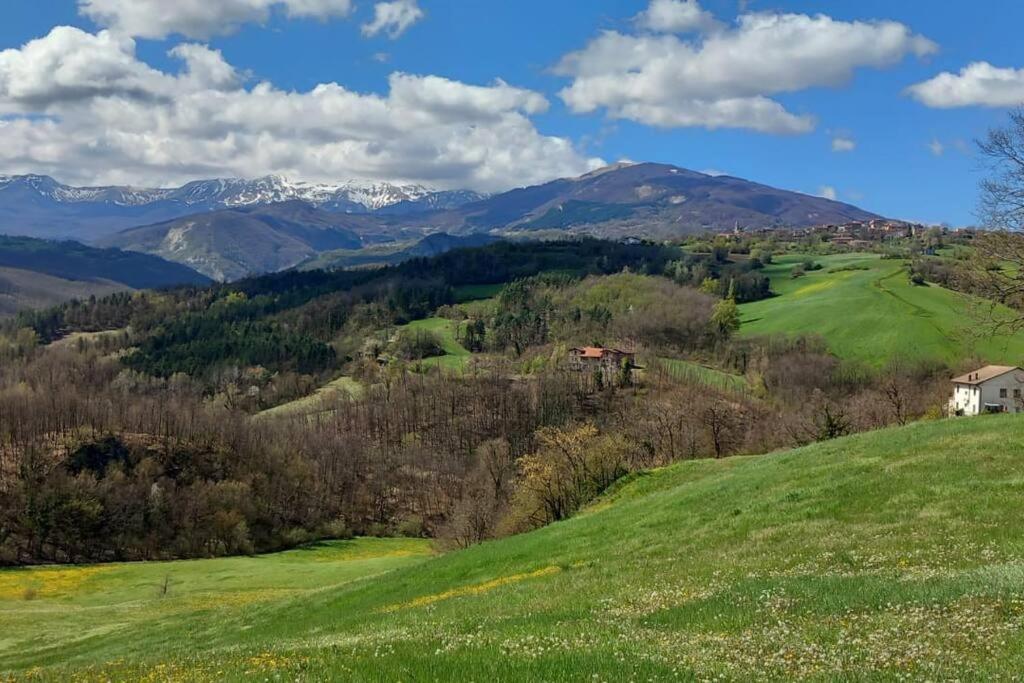 Villa MinozzoCasa Christine的享有绿色山丘的景色,背景为山脉