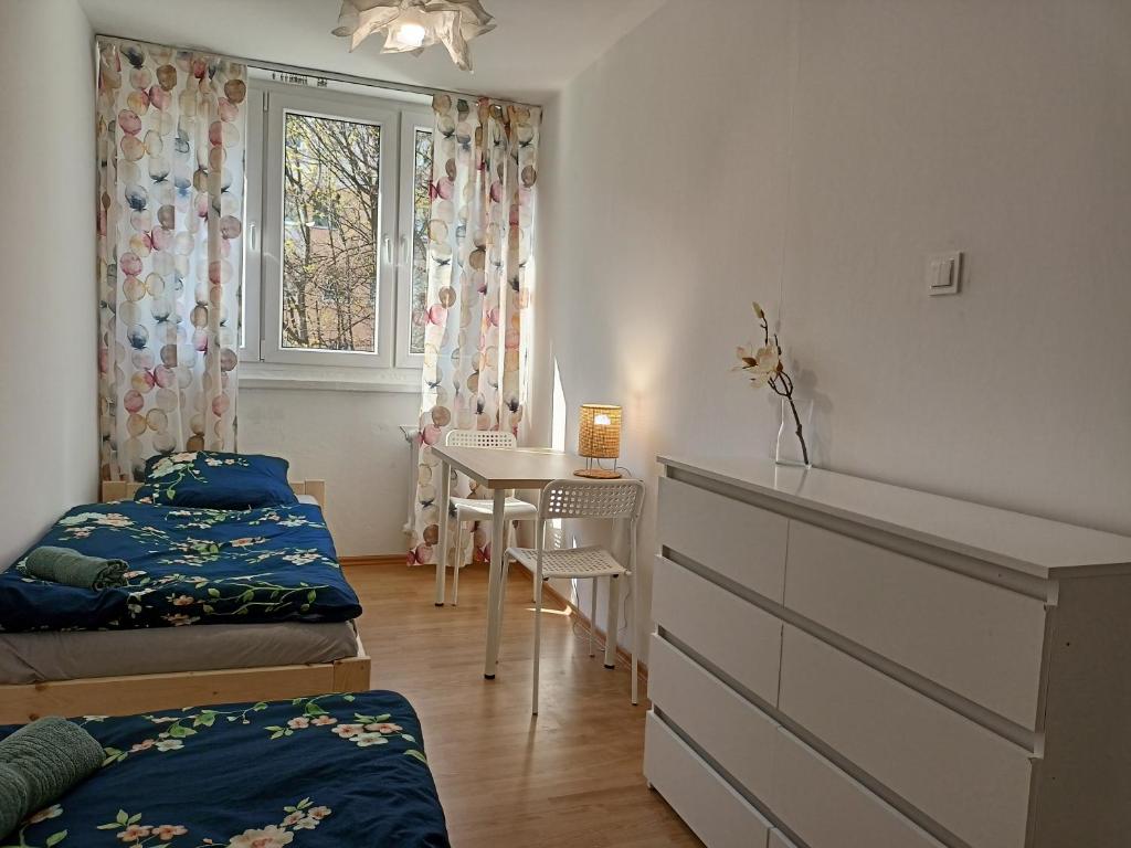 亚沃尔Lemuria Jawor pokoje的一间卧室配有一张床、一张书桌和一个窗户。