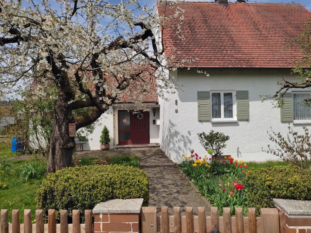 SchwenningenOma‘s Häuschen的一间白色的房子,有红色的门和栅栏
