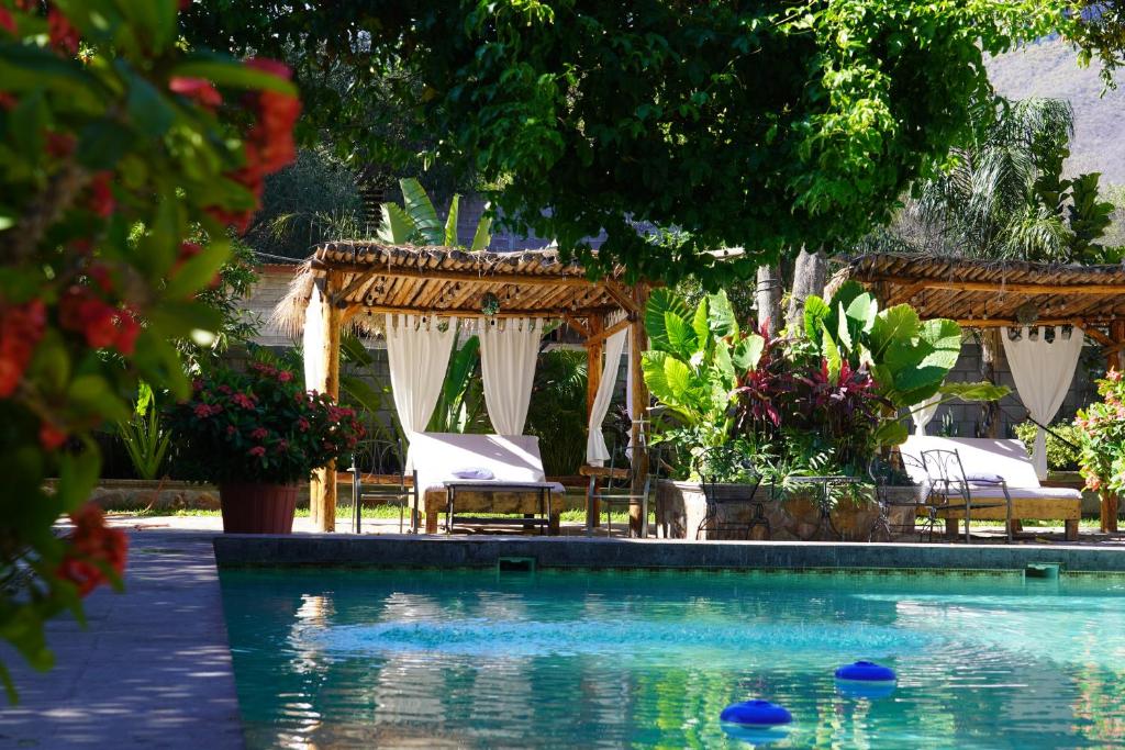 UriqueHotel Villa de Urike的毗邻度假酒店的带椅子和遮阳伞的游泳池