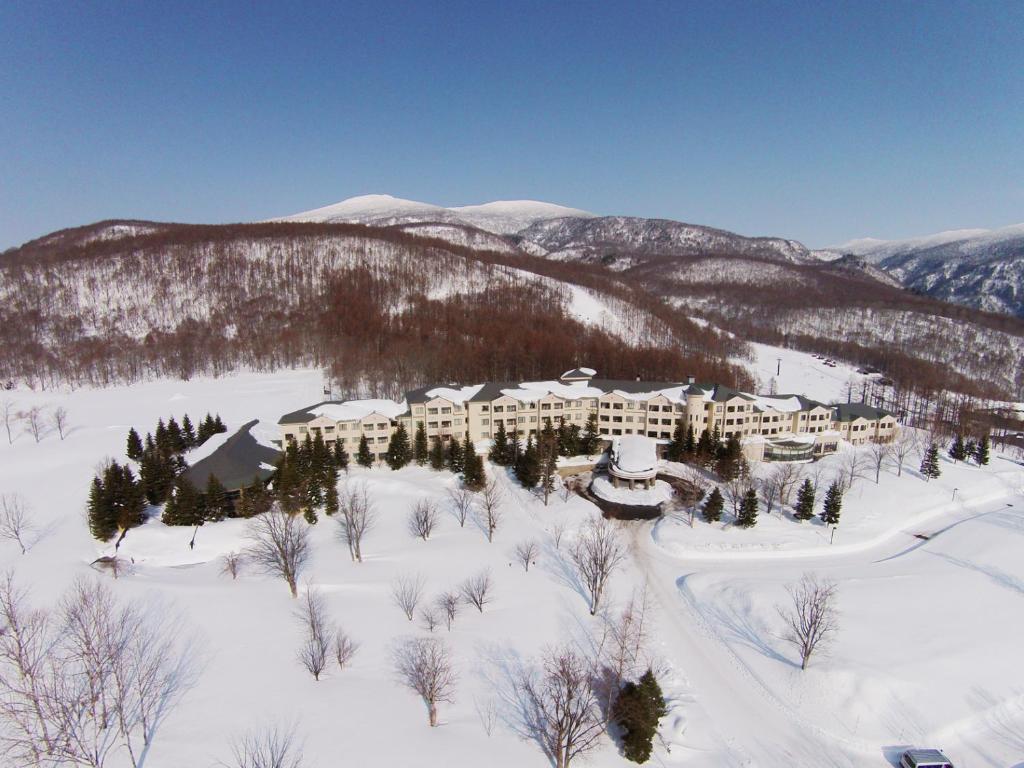 北塩原村EN RESORT Grandeco Hotel的雪地中度假村的空中景观