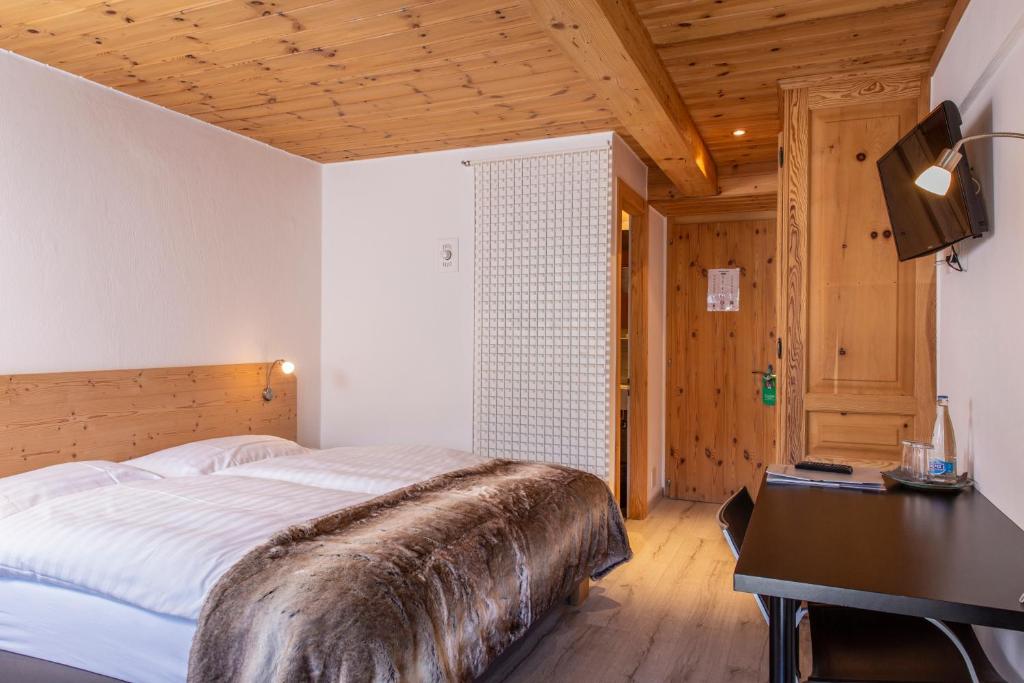 格里门茨Hôtel Alpina - Swiss Ski & Bike Lodge Grimentz的一间卧室配有一张床、一张书桌和一台电视