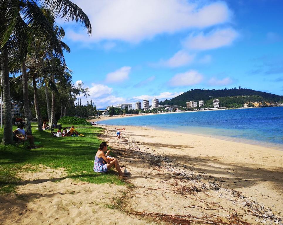 努美阿Moana Beach Apartment的坐在海滩上靠近水面的女人