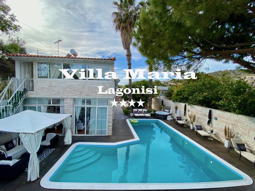 卡利维亚索里库Villa Maria Lagonissi - Private first floor Villa的别墅前的游泳池设有margolis标志