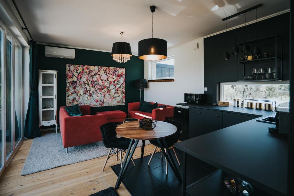 巴拉顿诺尔马迪Halacs Homes- Boutique cabins, Boutique Cabin的厨房以及带红色沙发和桌子的客厅。