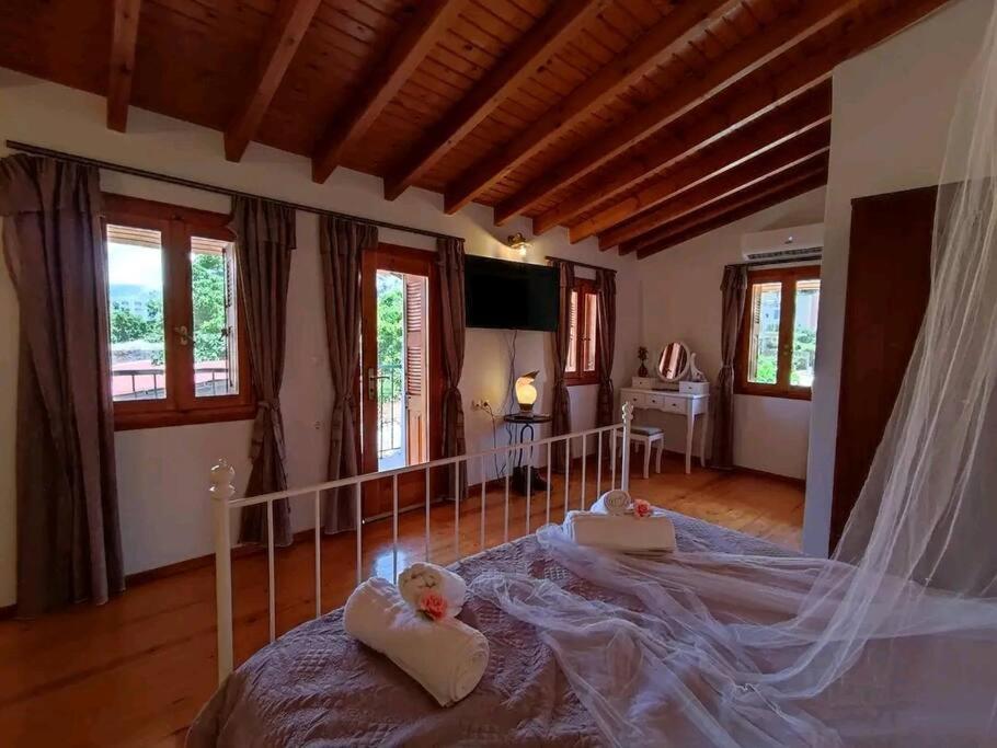 MourniaíNikόla's House的一间带一张大床的卧室,位于带窗户的房间内