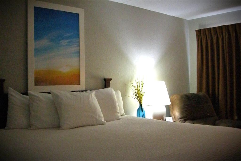 皮埃尔Days Inn by Wyndham Pierre的一间卧室配有一张带灯和椅子的床