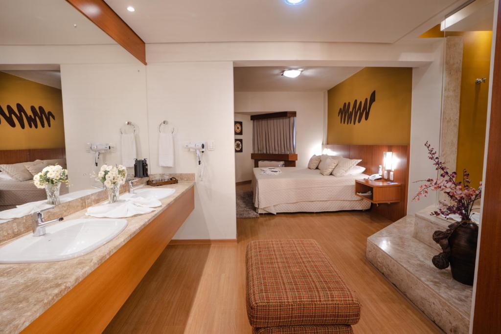 乌穆阿拉马Hotel Caiuá的一间带水槽的浴室和一间客厅