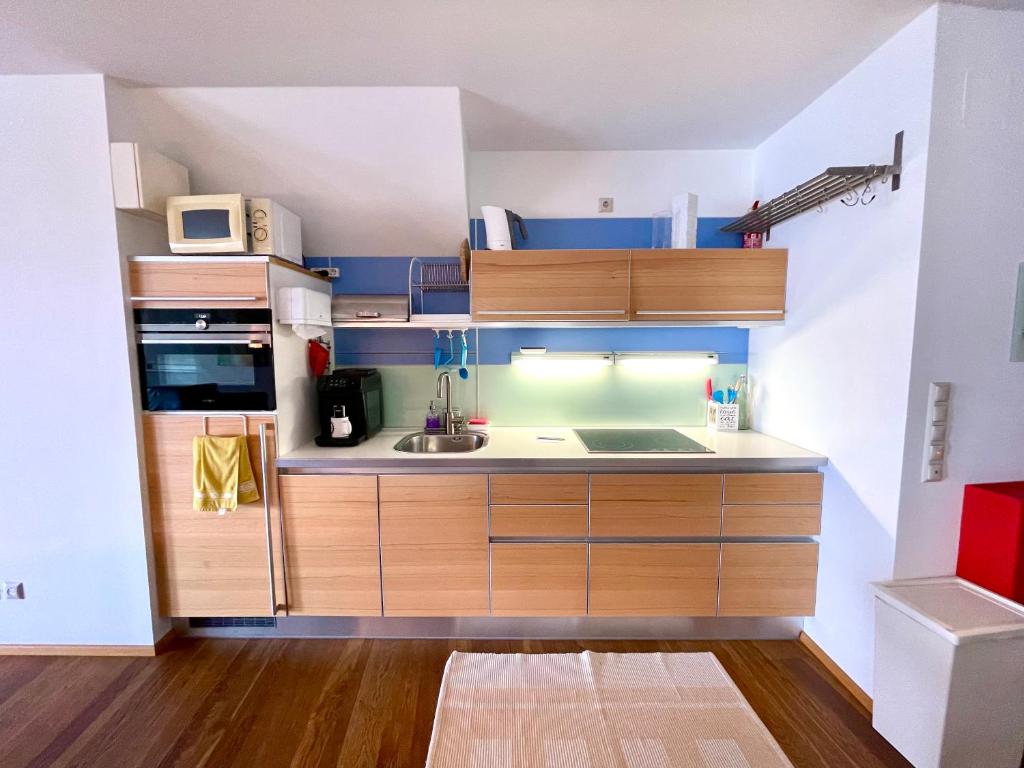 维也纳Una的一个带木制橱柜和水槽的小厨房