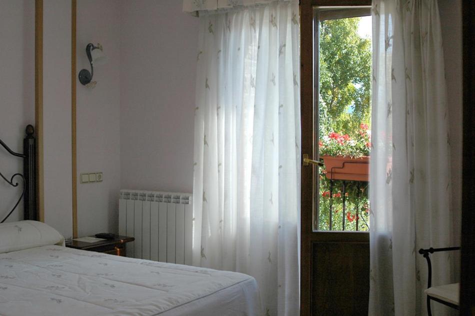 沙比纳尼哥Hotel Restaurante Santa Elena的一间卧室配有床和白色窗帘的窗户