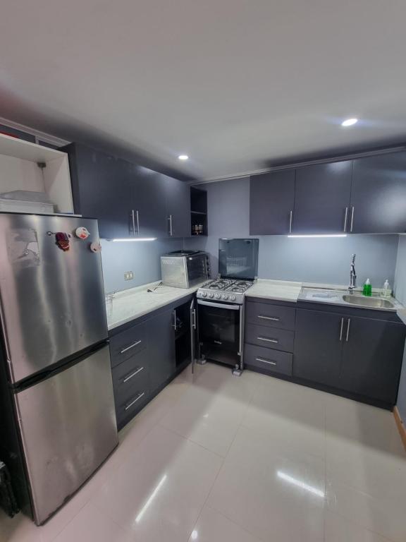 安库德Cabaña的厨房配有黑色橱柜和不锈钢用具