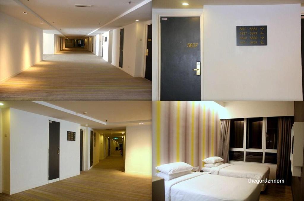 云顶高原Comfy Room In Genting Highlands的两张图片的酒店客房,配有两张床和一个走廊