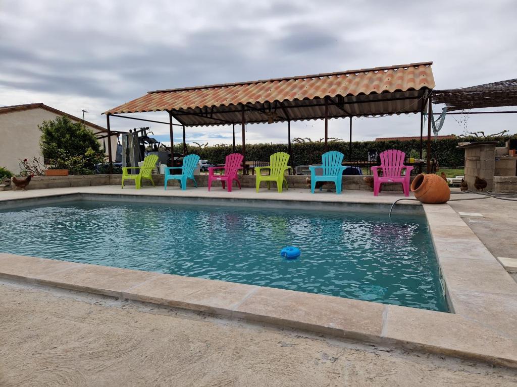 阿尔勒Mazet d El gato的一组五颜六色的椅子坐在游泳池周围