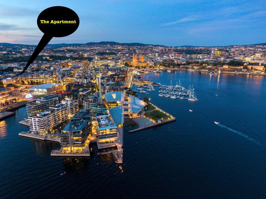 奥斯陆Spacious & stylish apartment in Oslo - Supercentral的海港的空中景色,水中有船只