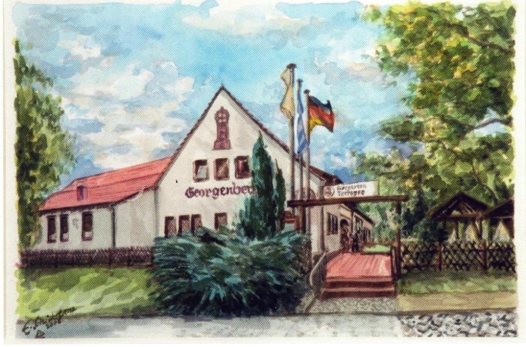施普伦贝格Georgenberg的一座带旗帜的建筑的绘画