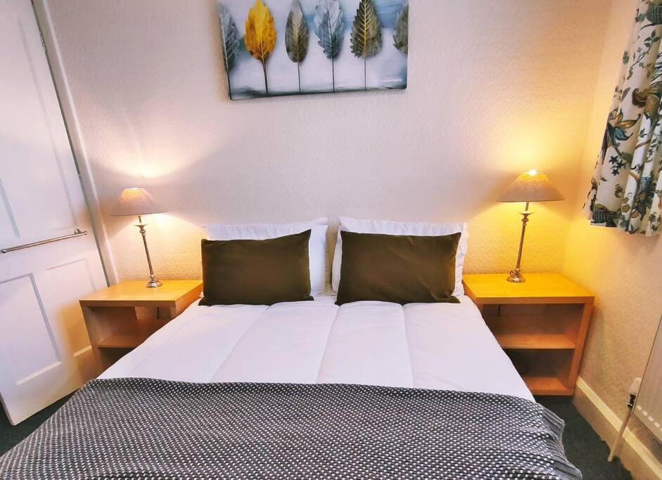 牛津Wolsey Road, North Oxford的一间卧室配有一张大床,两边都配有两盏灯