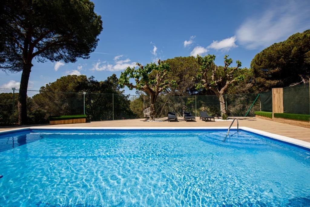 托尔德拉Maravillosa casa con piscina grande y bosque的一个种有树木的大型蓝色游泳池