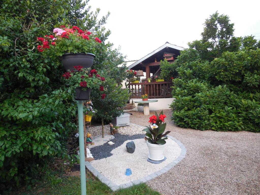 圣迪耶Gîte Saint-Dié-des-Vosges, 2 pièces, 2 personnes - FR-1-589-177的花 ⁇ 上花 ⁇ 的花园,有鸟食