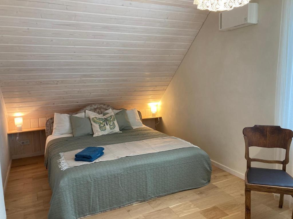 DaugmaleLauku māja Akmeņkalni的一间卧室,床上有蓝色衬衫