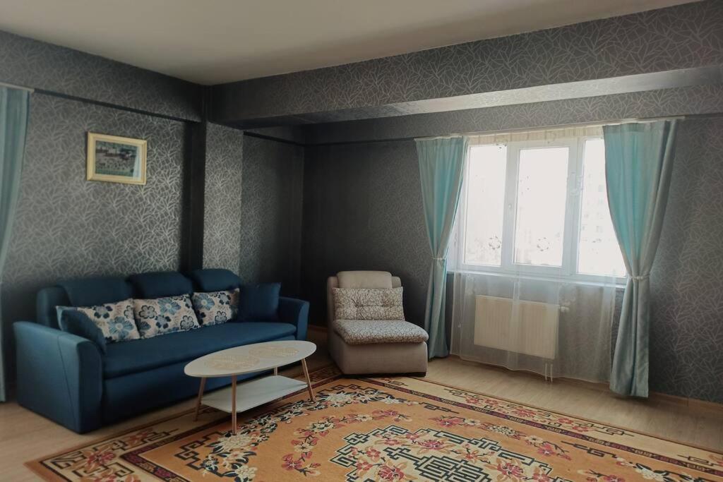 乌兰巴托OUNT-Central location, spacious, cozy and secure的客厅配有蓝色的沙发和椅子
