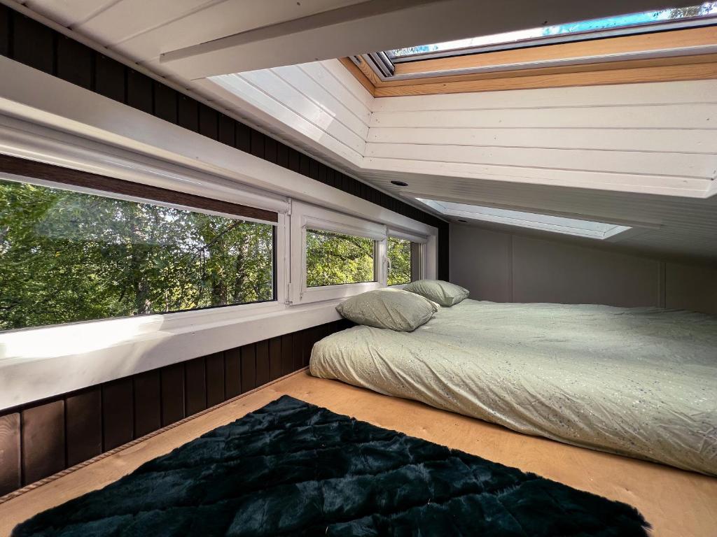 MeņģeleStrazdu Ligzda Off grid treehouse的一间卧室设有一张床和一个窗口