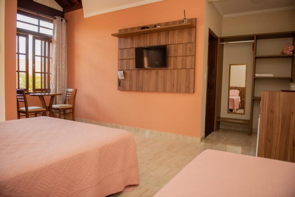 蒙蒂锡昂Pousada Mirante das Águas的一间卧室配有一张床、一台电视和一张桌子