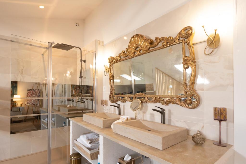 阿维尼翁L’Avant Scène - Loft de Luxe - Atelier d'artiste的浴室设有水槽和墙上的镜子
