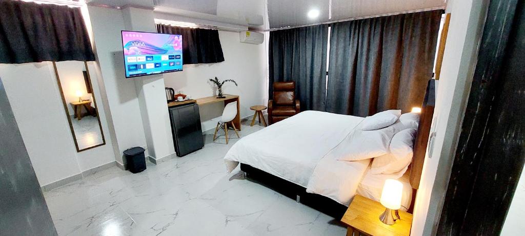 麦德林HOTEL A & A SANTA ALEJANDRIA的一间卧室配有一张床、一张书桌和一台电视
