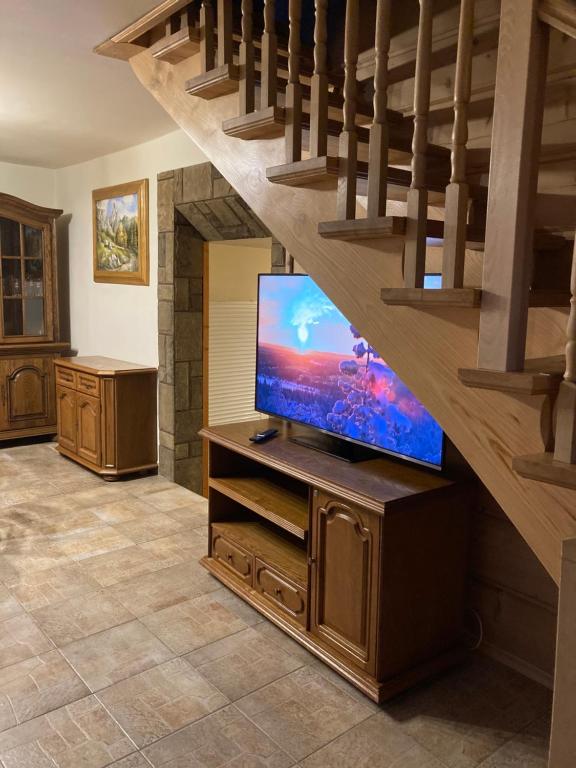 考斯赛力克JEDYNOCKA的木质娱乐中心设有带平面电视的客厅。