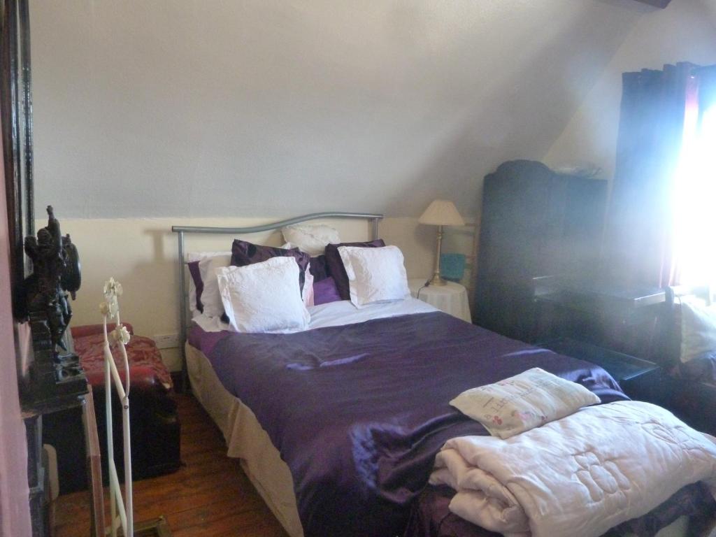 唐克斯特Ms McCreadys Guest House的一间卧室配有一张带紫色床单和枕头的床。