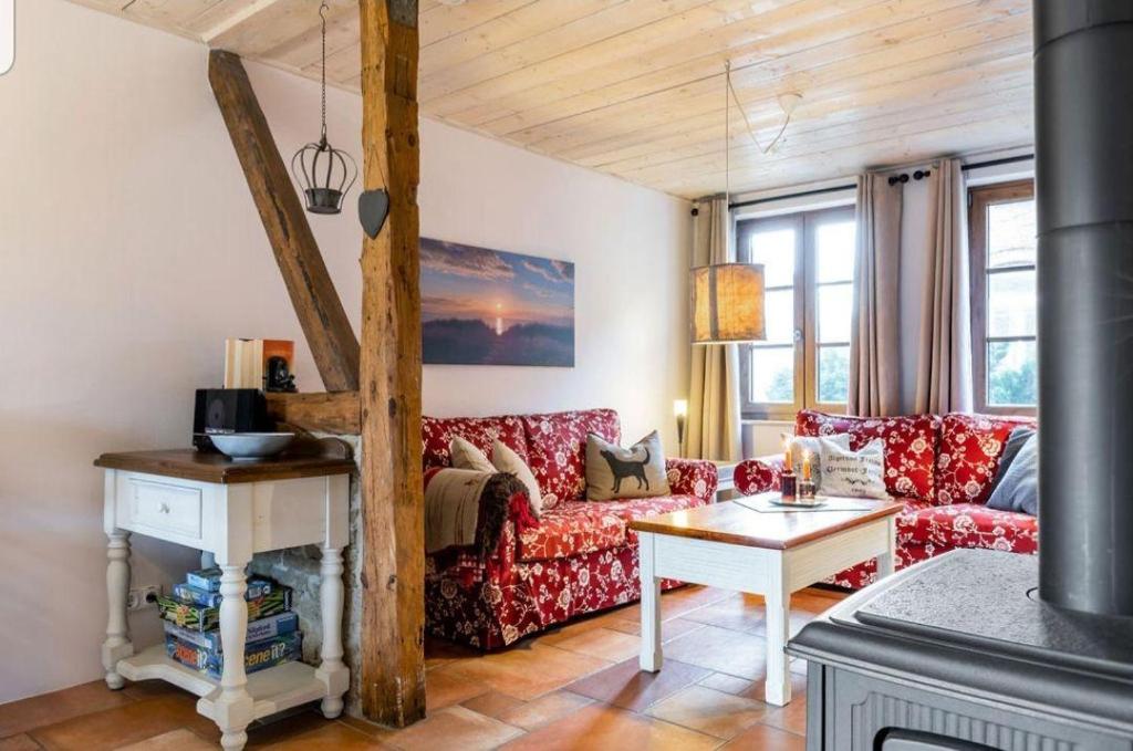费马恩Kamin-Haus-Nr-2-mit-Sauna-in-Burg的客厅配有红色的沙发和桌子