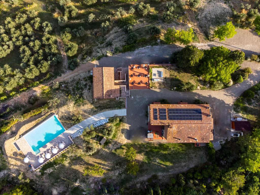 切塔尔多Agriturismo La Collina degli Olivi的享有带游泳池的建筑的空中景致