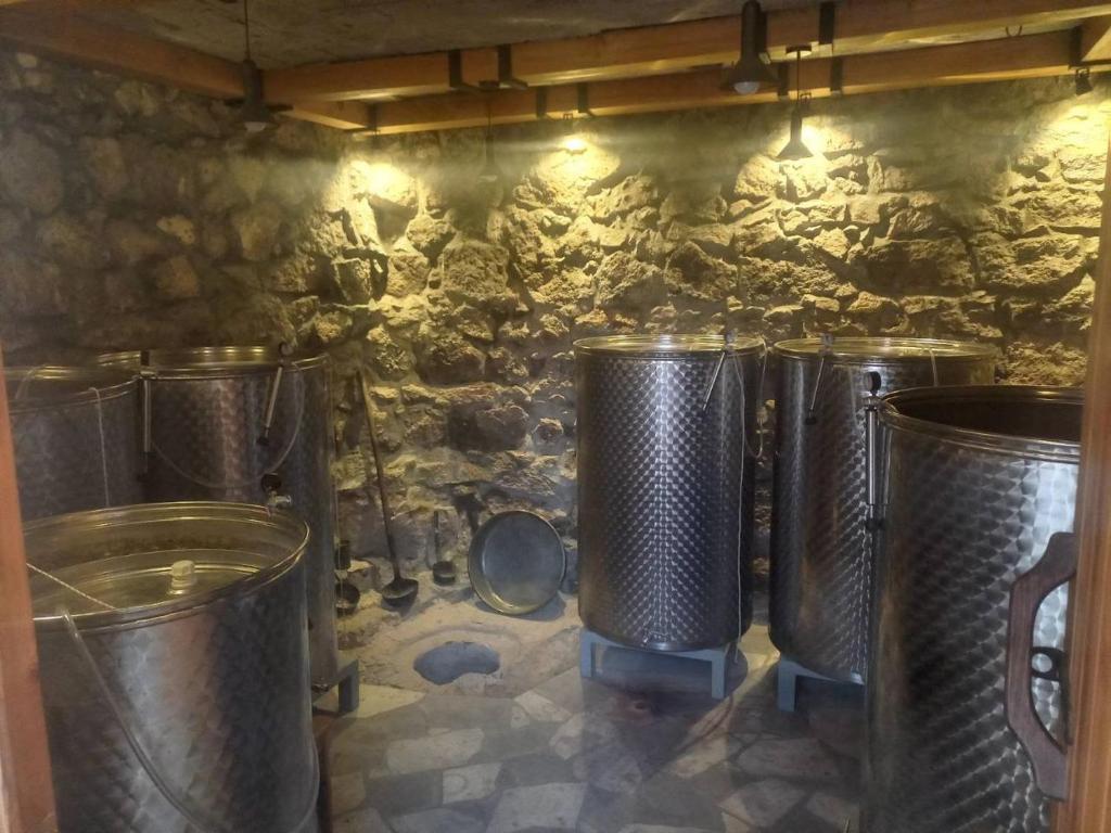 AshtarakYeganyans Guest House and Wine Yard的石头墙上一排金属垃圾桶