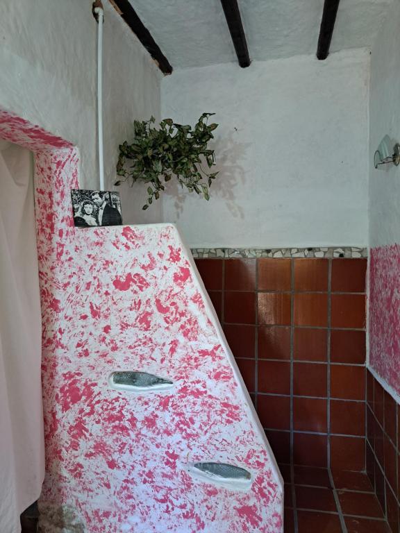PampatarLa Casa del Mango的浴室内的厨房配有粉红色的台面
