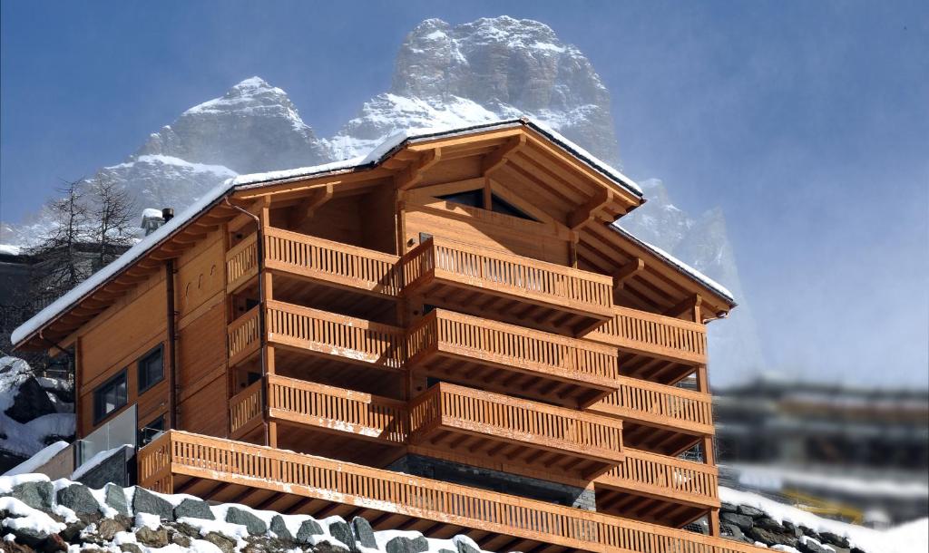 布勒伊-切尔维尼亚拉克雷斯塔木屋酒店的小木屋的背景是雪山