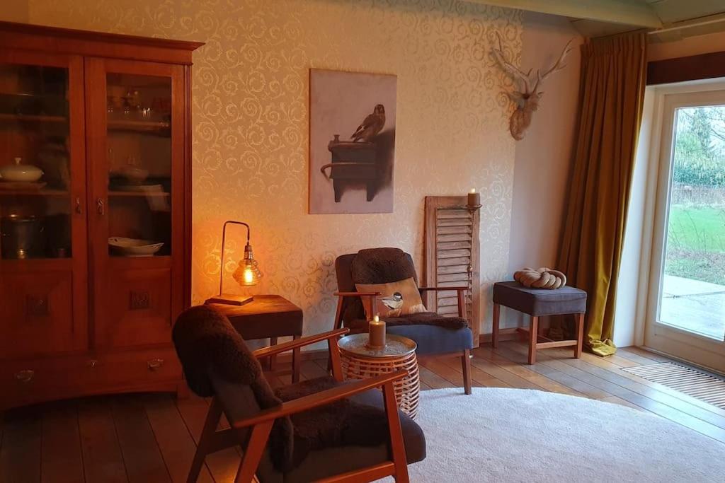 尼温迪普Landelijk gelegen appartement met eigen ingang的客厅设有摇椅和窗户
