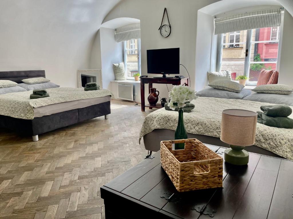 布拉格布拉格尼古拉公寓的一间带两张床和电视的客厅